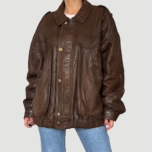 Vintage 80s Brown Sheepskin Leather Bomber Jacket - Oversized XL