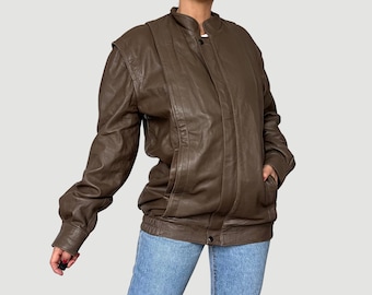 Vintage 80s Brown Leather Bomber Jacket: Oversized Sheepskin Moto