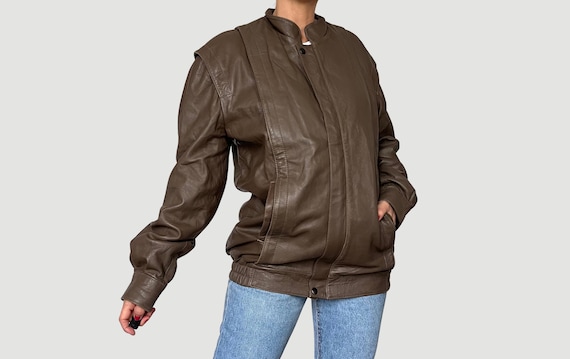 Vintage Brown Leather Bomber Jacket: Oversized 90s Motorcycle Coat