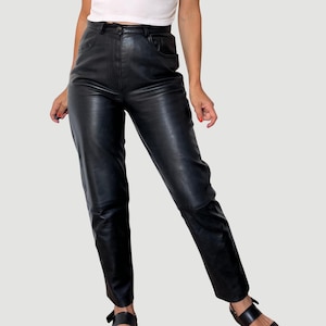 Vintage Black Leather Trousers | High Waist Straight Leg Pants | 90s Real Leather | Women&#39;s Vintage Bottoms | Size S