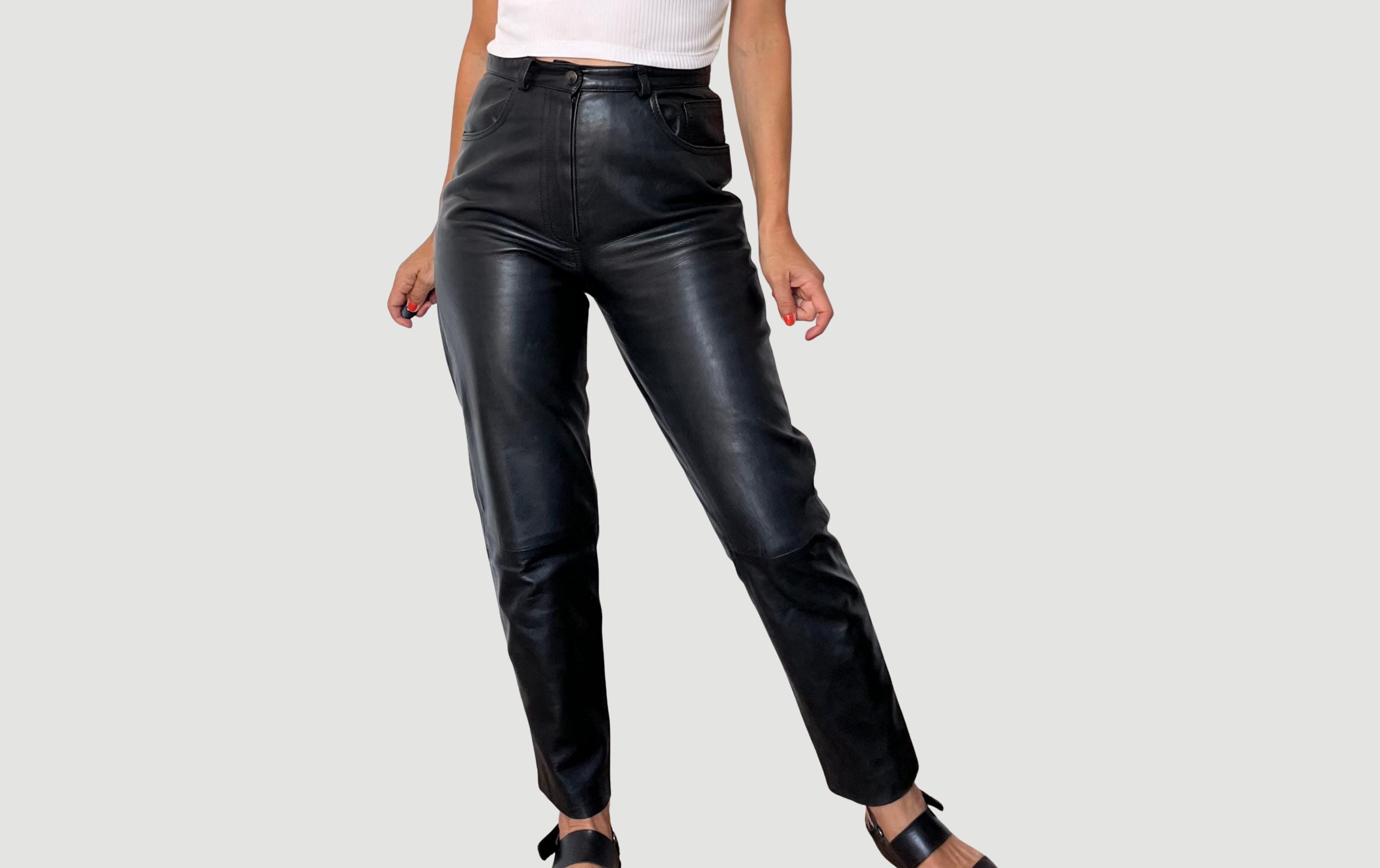 90s Vintage Black Leather Trousers: High Waist Straight Leg Pants