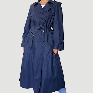 Vintage Woman Blue Long Trench Coat with belt - Preppy thick wool Trench coat - Double Breasted coat - Size M/ L - 1990s
