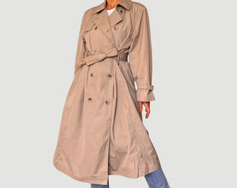 Vtg 80s Belted Trench Coat, Vintage Beige Brown Long Minimal