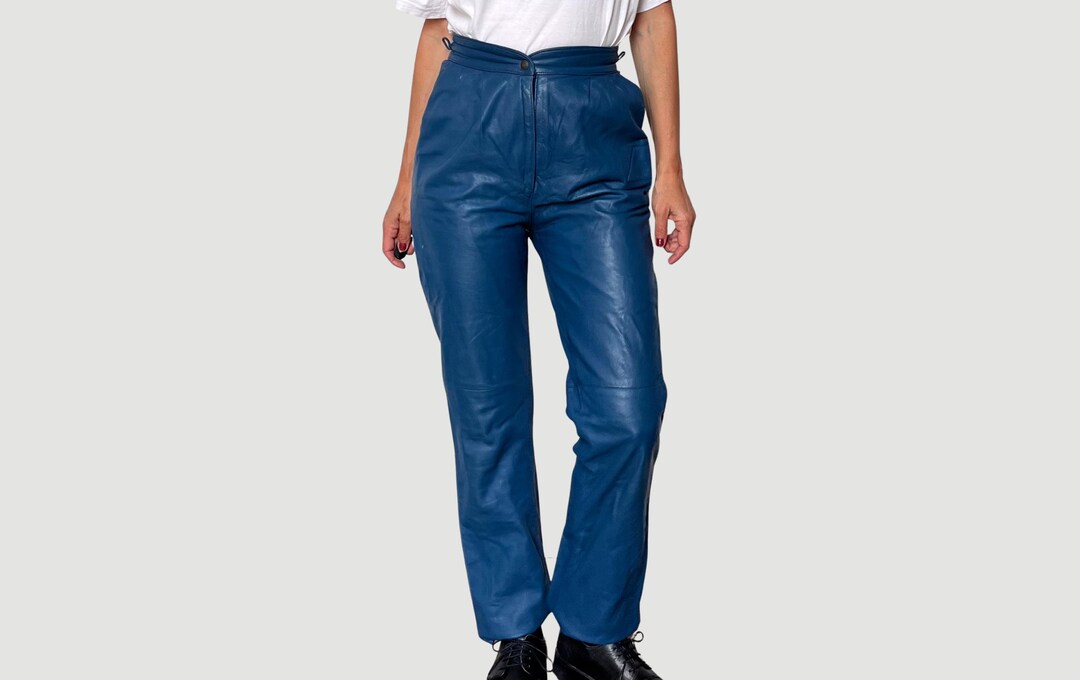 Vintage Blue Leather Trousers | High Waist High Waist Straight Leg Pants | 90s Real Leather | Size S | Women's Vintage Bottoms