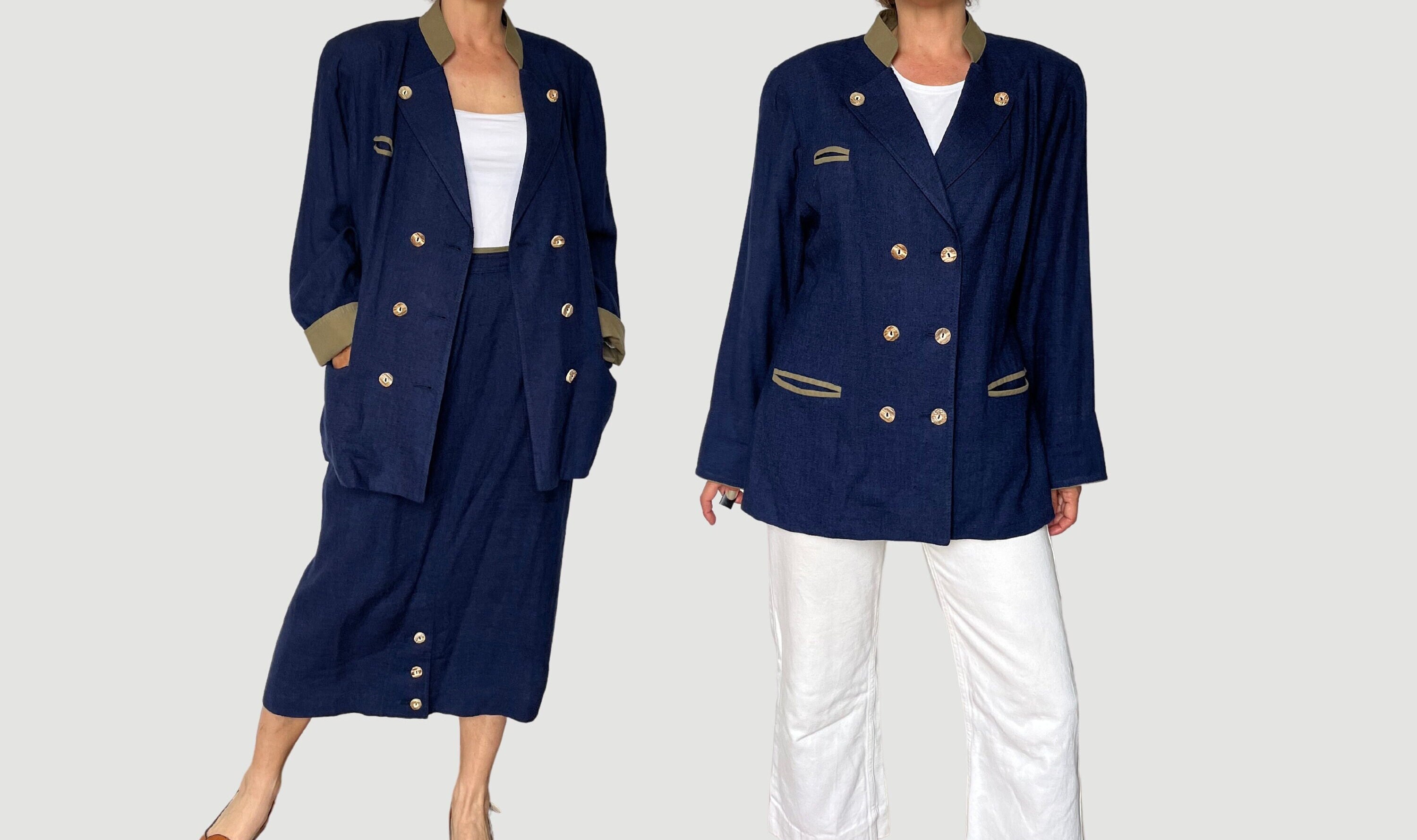 Vintage Damen Österreichischer Zweiteiler Leinenanzug von Lodenfrey - Blau Grüne Jacke und Rock Set - Zweireihiger Blazer und Rock Set - 1980s