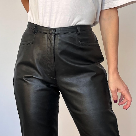 Vintage 90s Black Leather Trousers: High Waist Biker Pants - Size