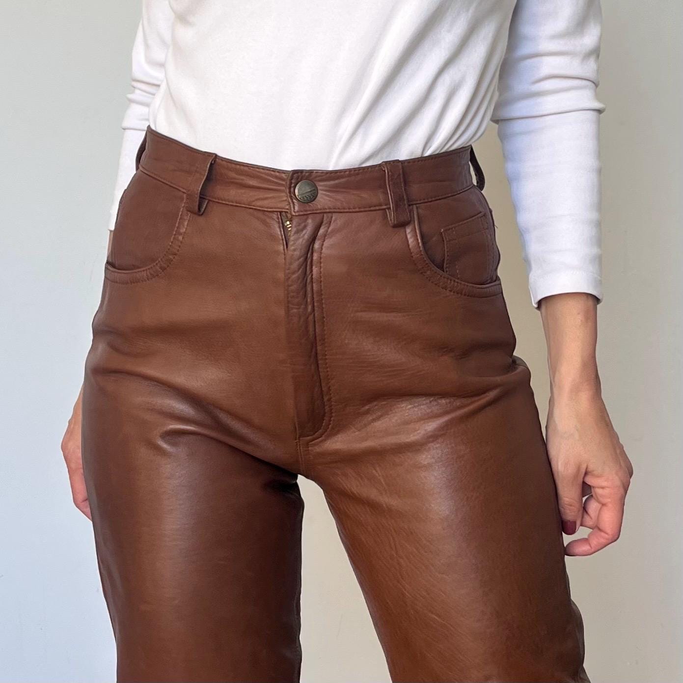 Vintage Brown Leather Trousers: 1990s High Waist Biker Pants  display picture 1