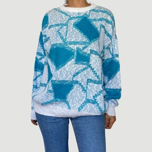 Vintage Angelo Litrico Cotton Sweater: Abstract Turquoise Knitted Pullover (Size S/M/L)