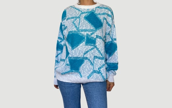 Vintage vrouw katoenen trui van Angelo Litrico Oversized unisex abstracte witte en turquoise gebreide trui jaren 1990 maat S M L Etsy Nederland