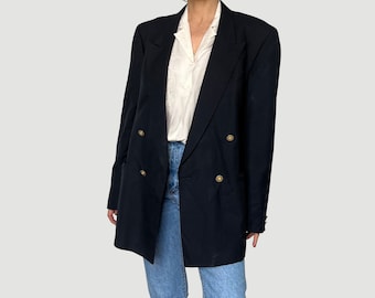 Giacca blazer vintage da donna blu navy - Blazer oversize in lana doppio petto - Taglia XL - anni '90 - Condizioni vintage eccellenti
