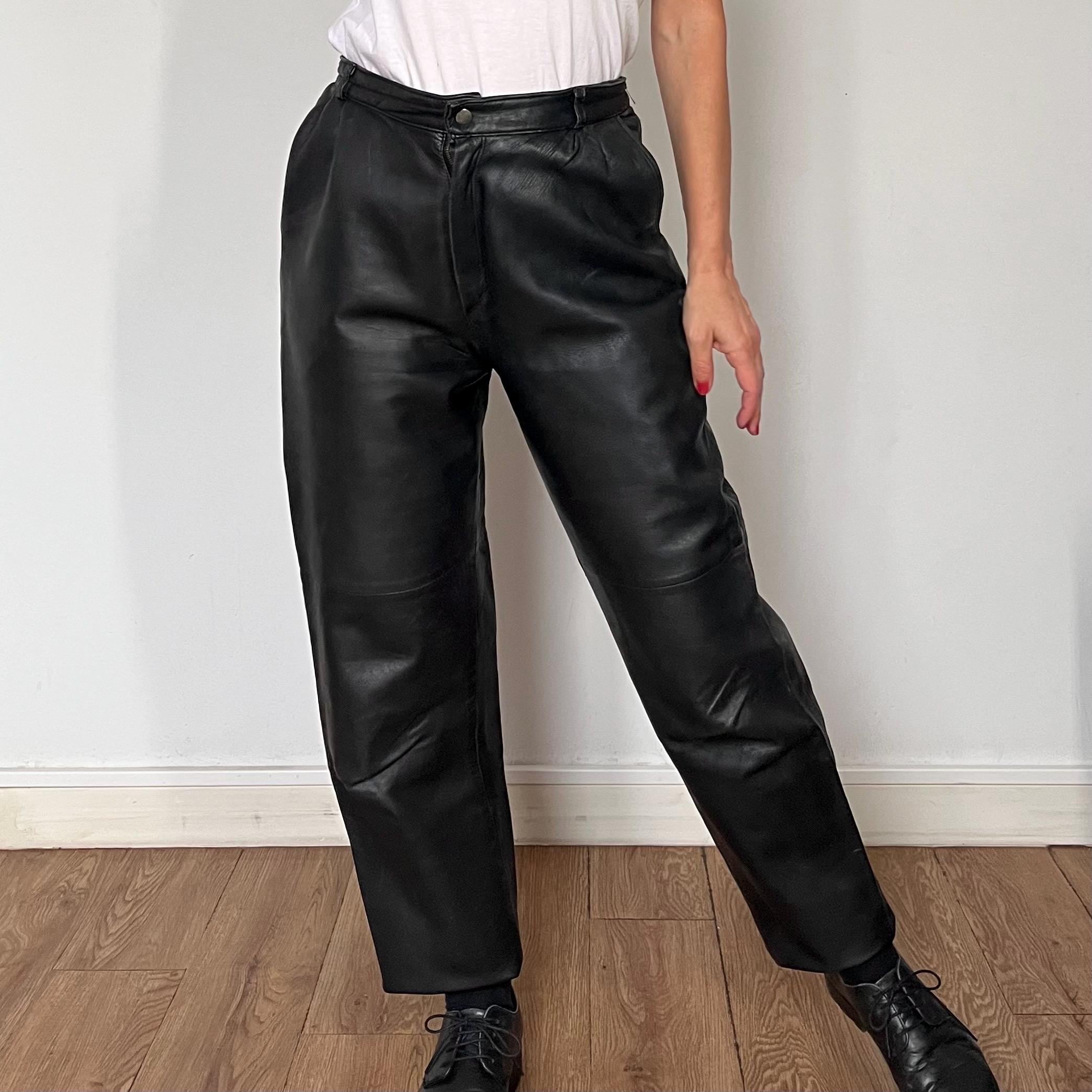 Vintage 90s Black Leather Trousers - High Waist Biker Pants Size M