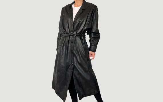 Vintage Black Leather Trench Coat: 1990s Avant Garde Overcoat