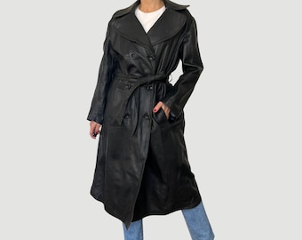 Trench long en cuir noir pour femme vintage avec ceinture - Pardessus en cuir avant-gardiste - Veste en cuir croisée - Taille M/L - Années 1970