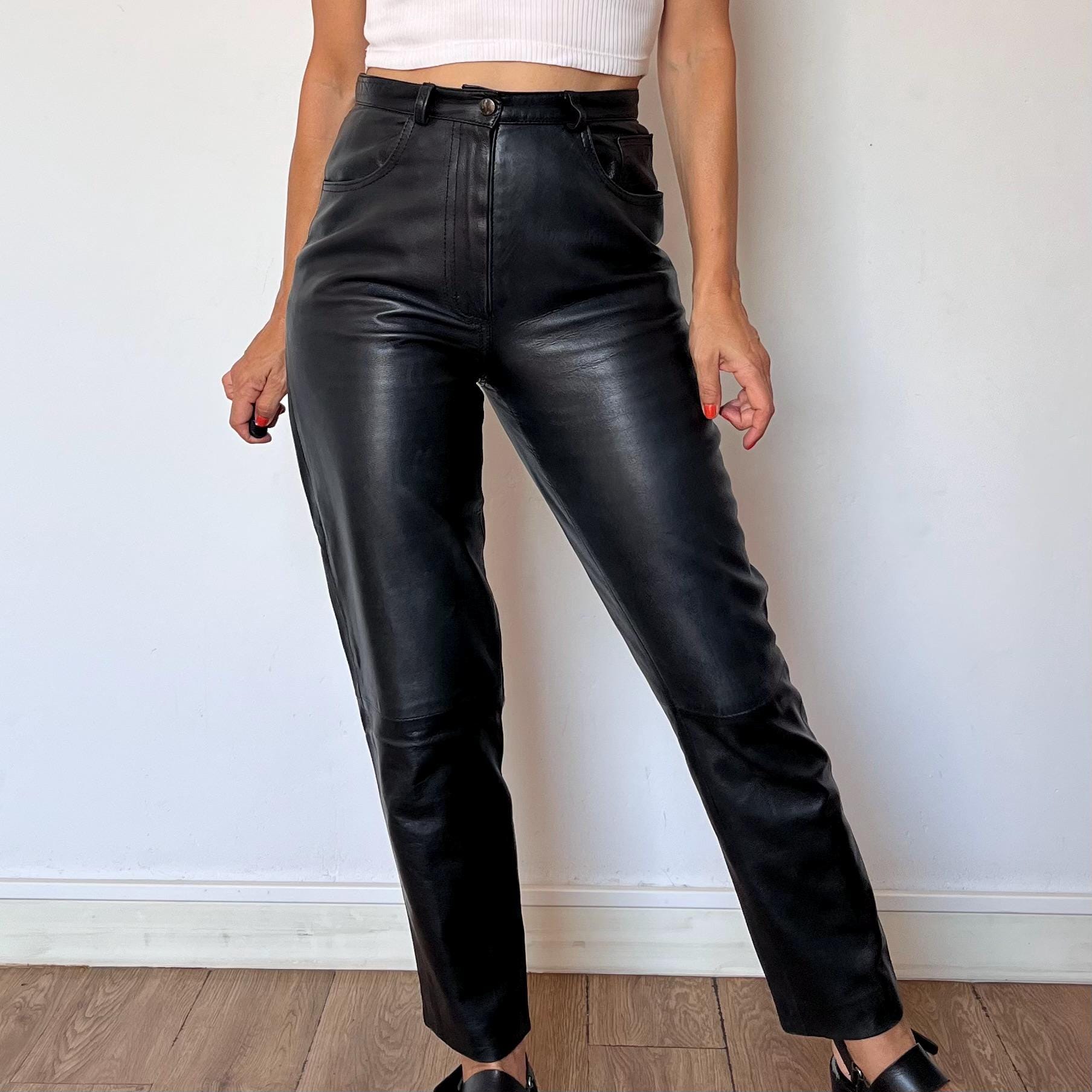 90s Vintage Black Leather Trousers: High Waist Straight Leg Pants