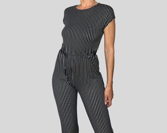 Vintage Woman Striped Black and White summer Jumpsuit - Short sleeves elastic Jumpsuit Pants - Size XS/ S - 1990s - New Vintage Condition
