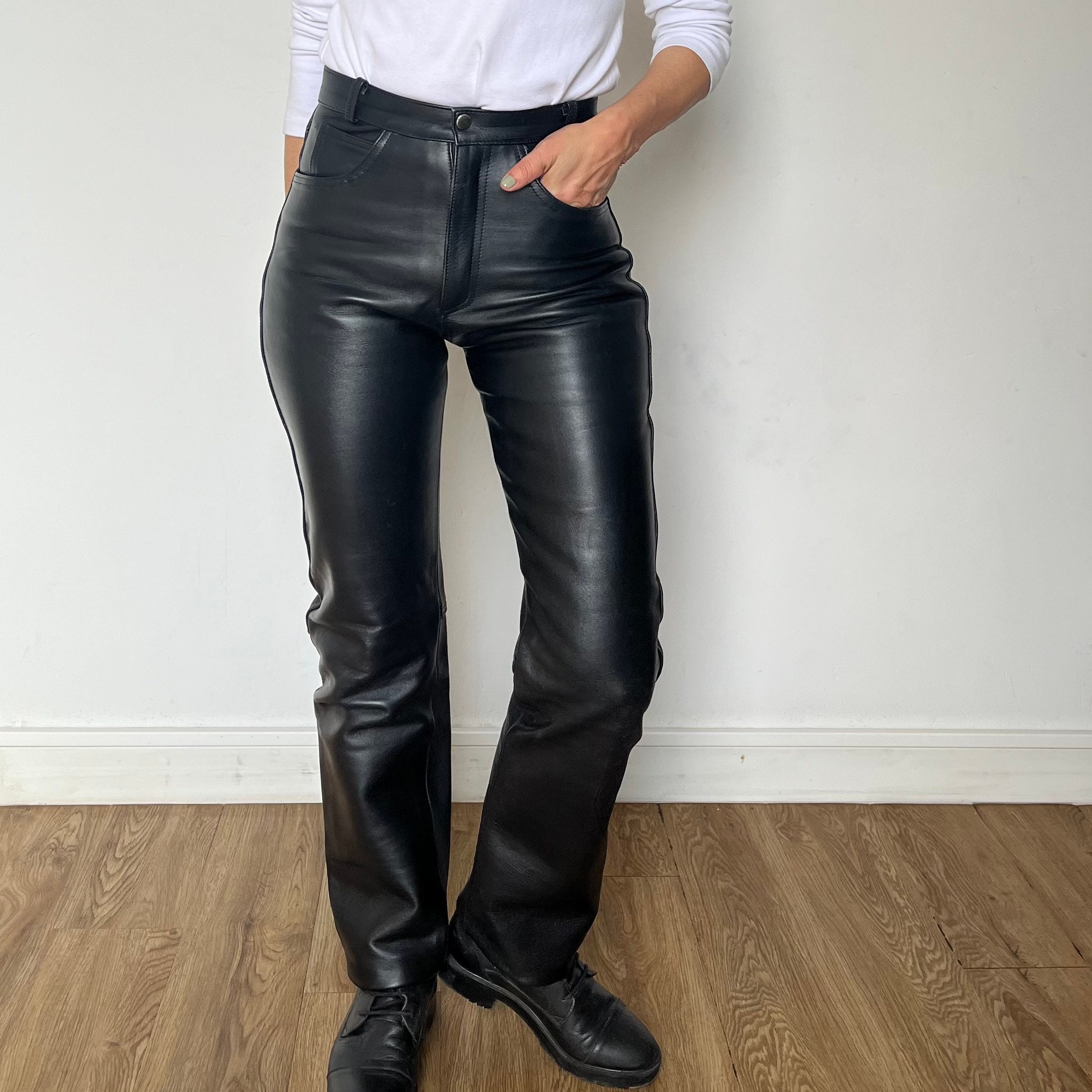 Womens Leather Motorcycle Pants / 80s 90s Vintage Motorcycle Gear / Black Leather  Trousers 