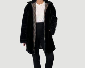 Vintage 90s FENDI Reversible Faux Fur Coat – Black & Checkered, Size L/XL