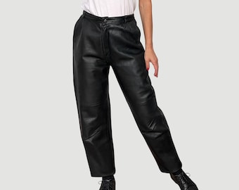 May include: Black leather pants with a high waist and a straight leg.