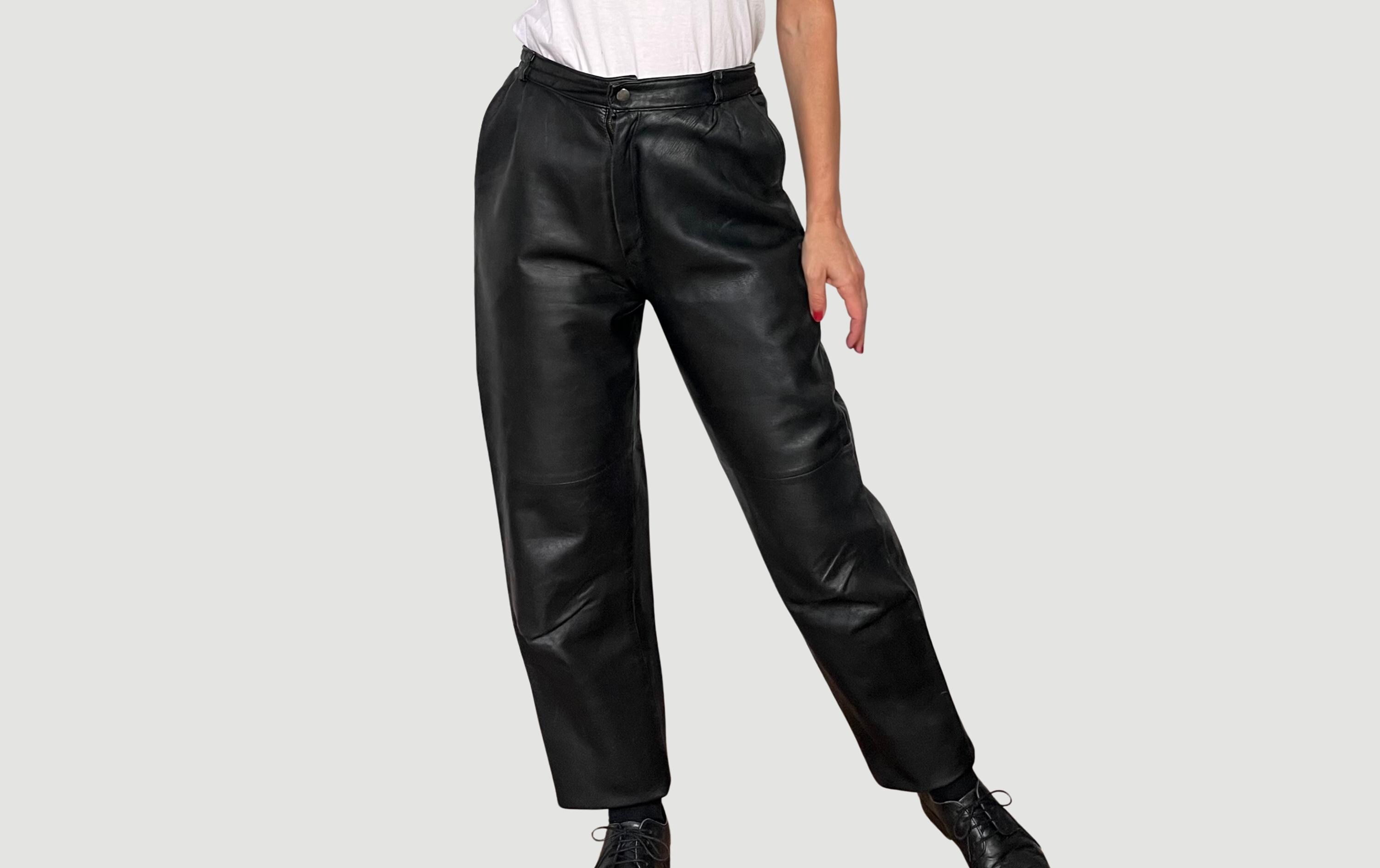Vintage 90s Black Leather Trousers - High Waist Biker Pants Size M