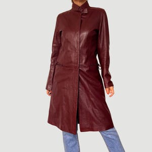 Vintage Burgundy Leather Trench Coat: Italian Avant Garde Jacket (Size M/L)