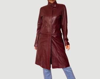 Vintage Burgundy Leather Trench Coat: Italian Avant Garde Jacket (Size M/L)