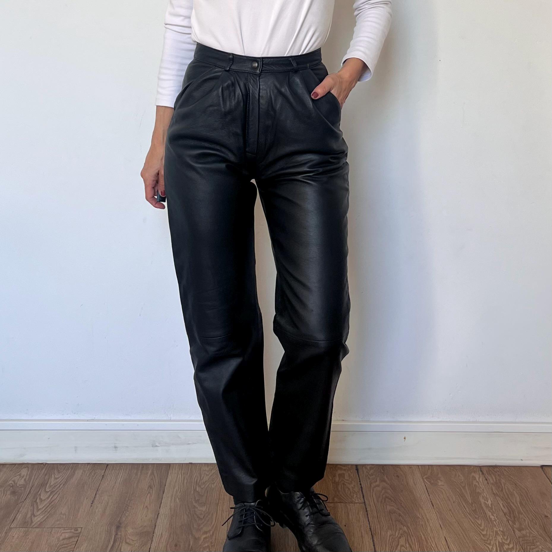 Vintage 90s Black Leather Trousers - High Waist Biker Pants Size S
