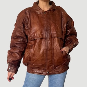 Vintage Brown Leather Bomber Jacket: 1980s Oversized Motorcycle Coat (XL/XXL)