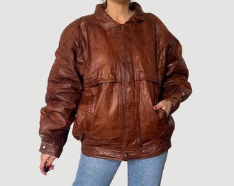 Giubbotto bomber in pelle marrone vintage: cappotto da motociclista oversize anni '80 (XL/XXL)