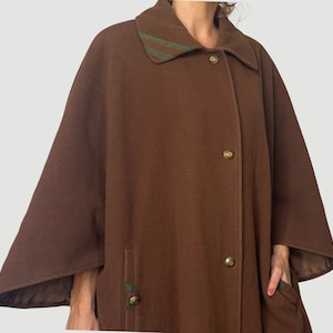 Vintage Wool Cape Coat: Brown Maxi Overcoat, 1980s Italian Design