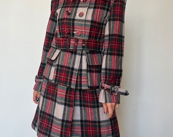 Vintage Lee Cooper Wool Plaid Trench Coat With Belt Size S UK