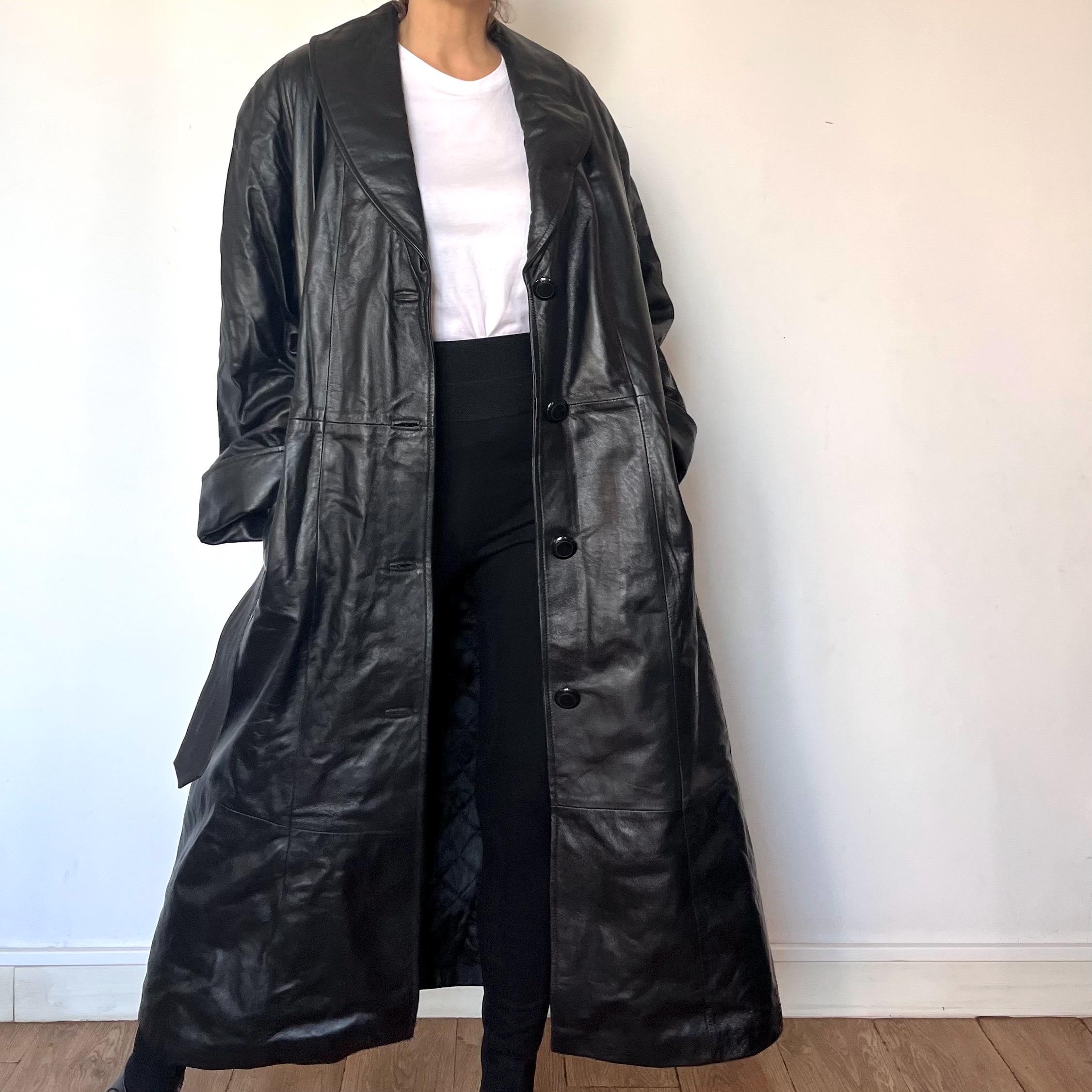Vintage Black Leather Trench Coat: Avant Garde Overcoat, Size L/XL