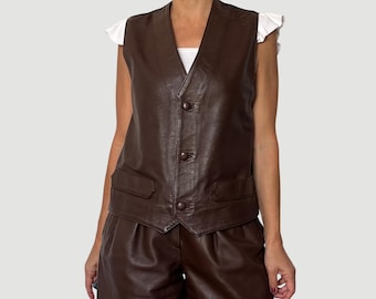 Chaleco vintage de cuero marrón - Estilo años 90 - Talla S/M