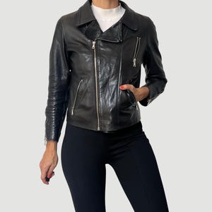 Vintage Black Leather Biker Jacket: Cropped 00s Motorcycle Jacket, Size XS/S