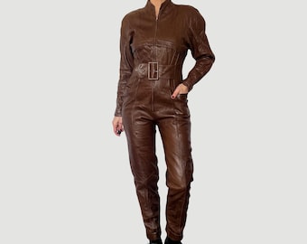 Vintage Damen Leder Overall Braun mit Gürtel - Avantgarde Leder Overall - Langärmeliger Leder Overall - Größe S - 1980er Jahre