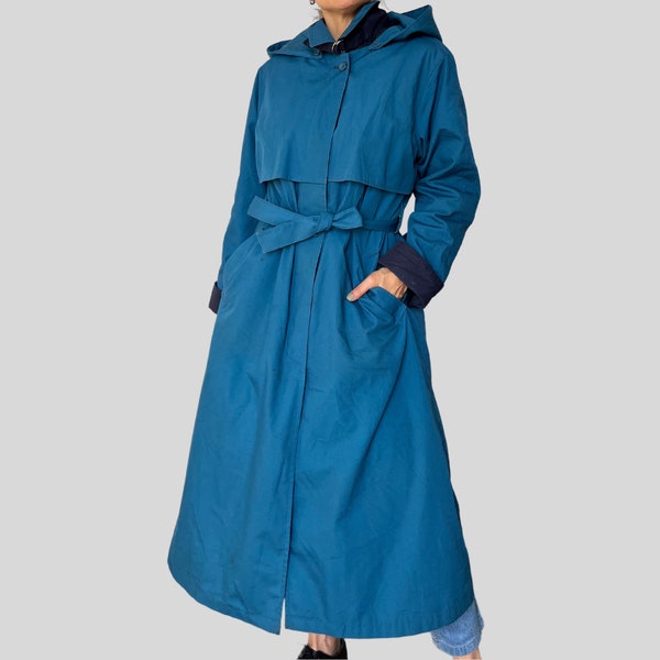 vintage Woman Blue Long Trench Coat with hood by London Fog - Doublure intérieure et capuche amovibles - Trench-coat Blue Hoodie - Taille M