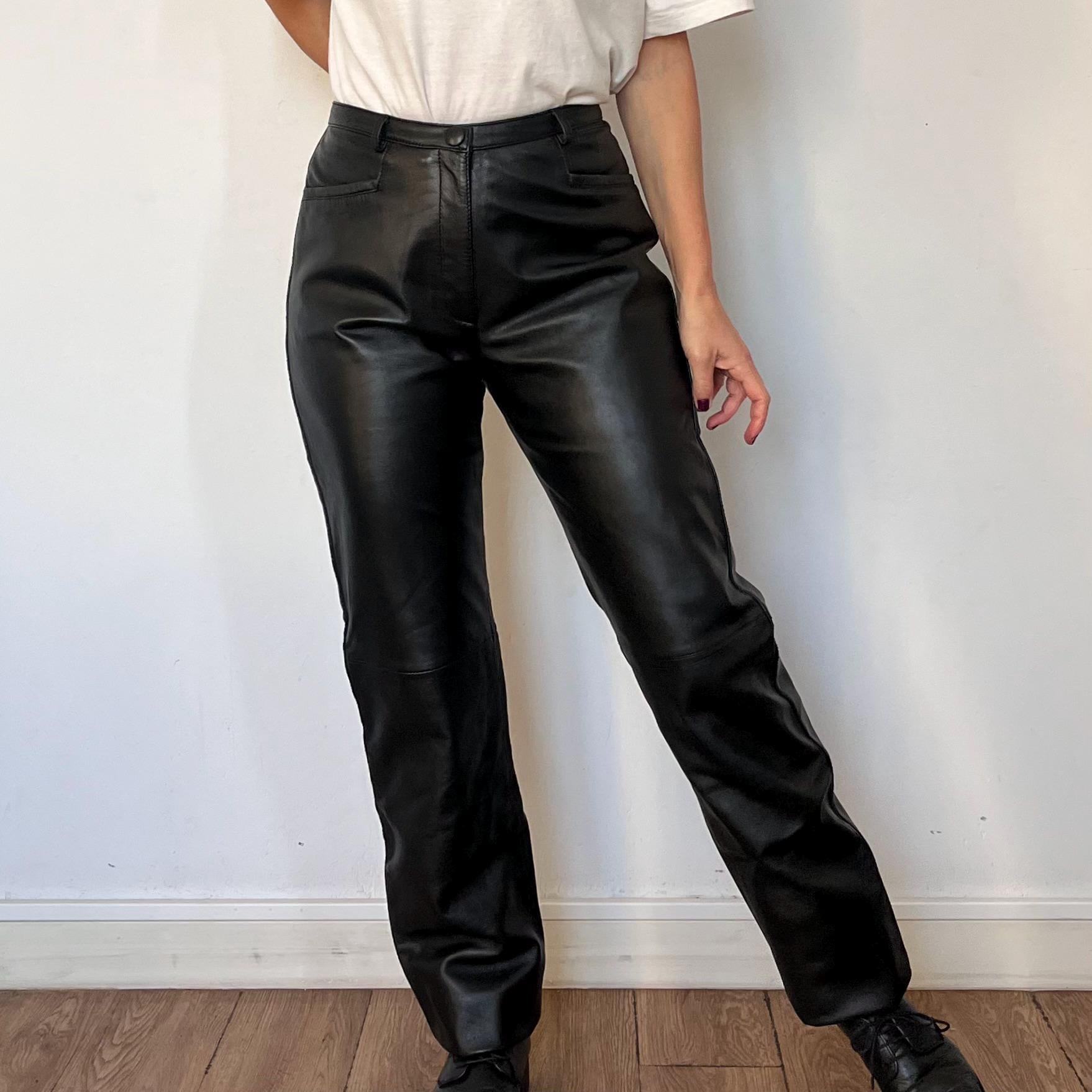 Vintage 90s Black Leather Trousers: High Waist Biker Pants - Size