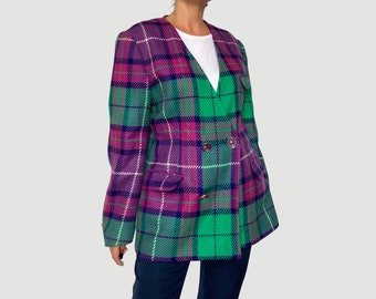 Manteau blazer vintage en laine à carreaux pour femme par Bunti - Blazer long élégant preppy vert violet fuchsia - Années 1980 - Excellent état vintage