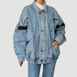 Giacca vintage in denim blu lavaggio donna di John Baner Jeans oversize da donna blu cielo Giacca in denim bomber leggero Taglia XL anni '90 immagine 1