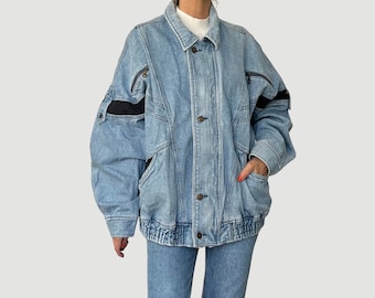 Veste en jean vintage bleu délavé pour femme par John Baner - Jean bleu ciel surdimensionné pour femmes - Veste en jean aviateur légère - Taille XL - Années 1990