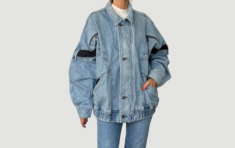 Giacca vintage in denim blu lavaggio donna di John Baner Jeans oversize da donna blu cielo Giacca in denim bomber leggero Taglia XL anni '90 immagine 1
