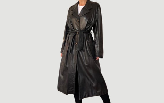 Vintage 90s Dark Brown Leather Trench Coat - Fitted Long Jacket