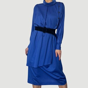 Vintage Women Blue Midi Dress with belt - Long Sleeves wrap dress - Mockneck dress - Size M/ L - 1990s - Excellent vintage Condition