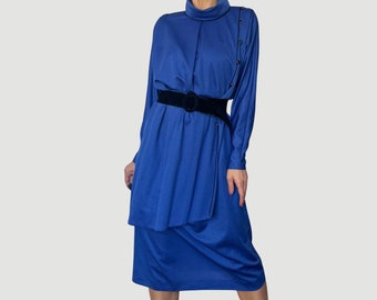 Vintage Women Blue Midi Dress with belt - Long Sleeves wrap dress - Mockneck dress - Size M/ L - 1990s - Excellent vintage Condition