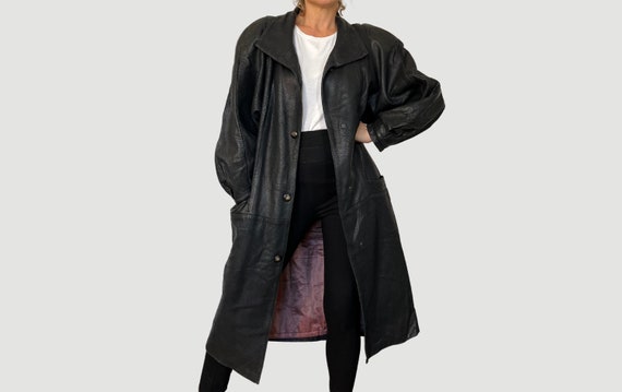 Vintage Woman Black Long Leather Trench Coat - Avant Garde