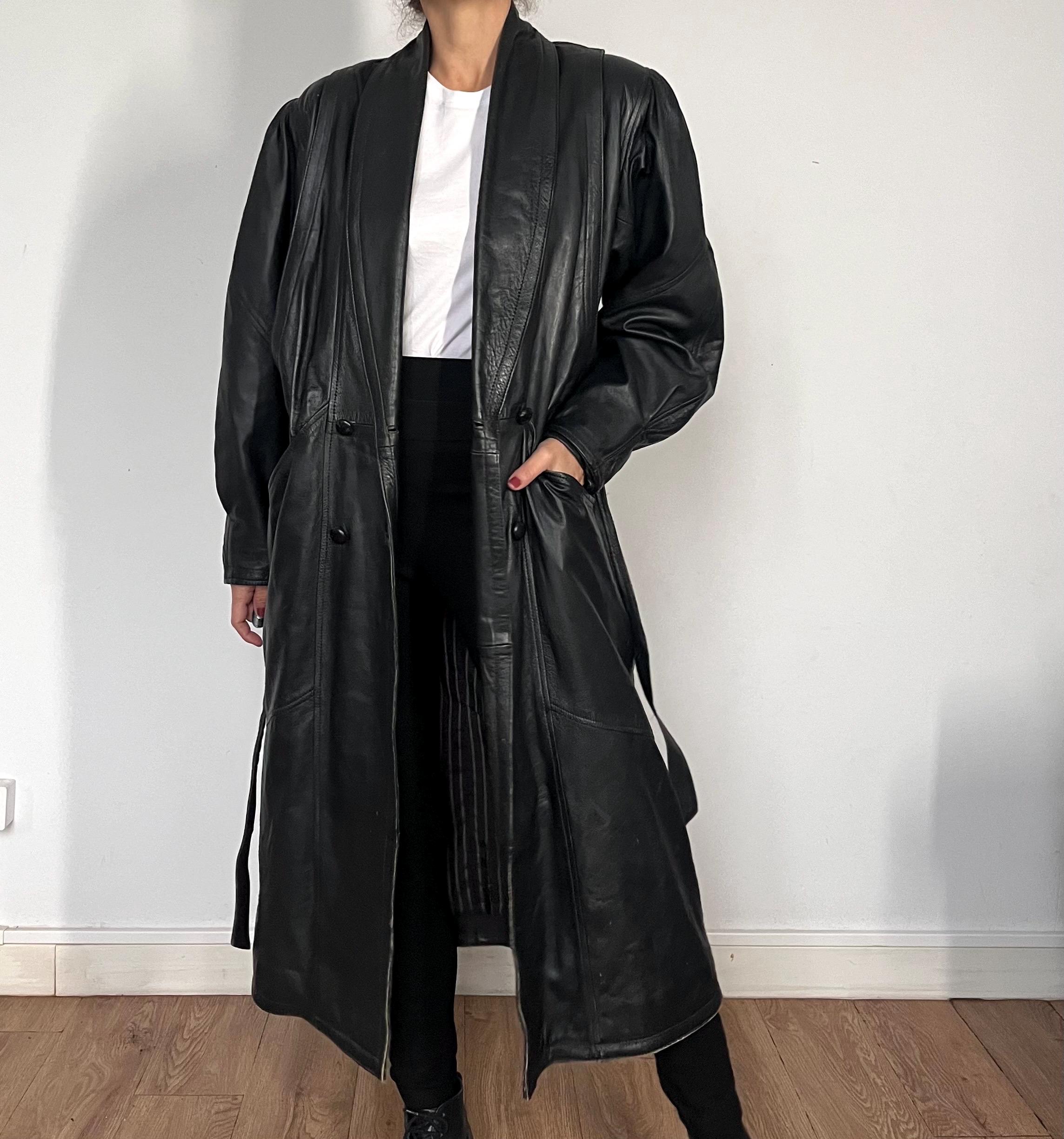 Vintage Black Leather Trench Coat: 1990s Avant Garde Overcoat