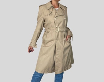 Vintage Beige Trench Coat: 1990s Plaid Lined Belted Jacket (Size S/M)