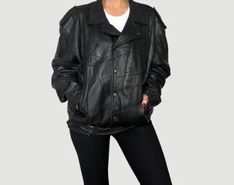 Vintage Patchwork Black Bomber Leather Jacket - Woman