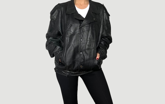 Vintage 1980s Patchwork Black Leather Bomber Jack… - image 1