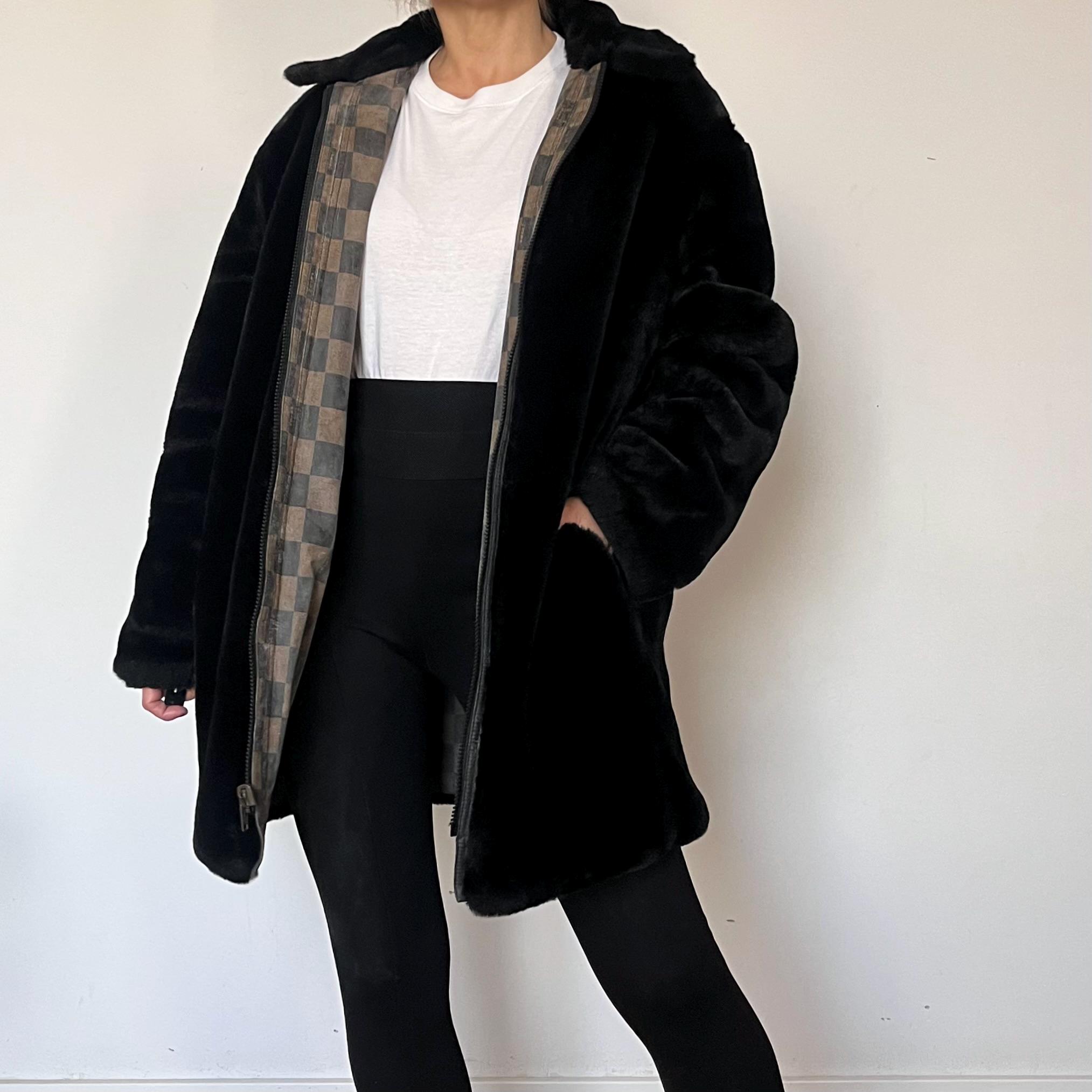 Vintage 90s FENDI Reversible Faux Fur Coat – Black & Checkered