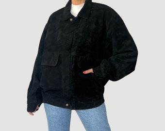 Vintage mujer chaqueta bomber negra - abrigo bomber de algodón suave de gran tamaño - chaqueta bomber hecha a mano - talla XL - años 90 - excelente condición vintage